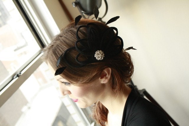 Whimsical Elegance Black Velour Feathered Cocktail Hat