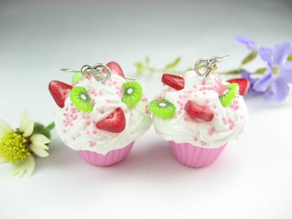 Strawberry Kiwi in Pink Cupcake Earrings