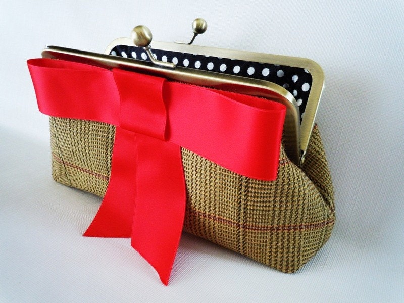 Christmas Plaid Clutch Purse with Red Bow