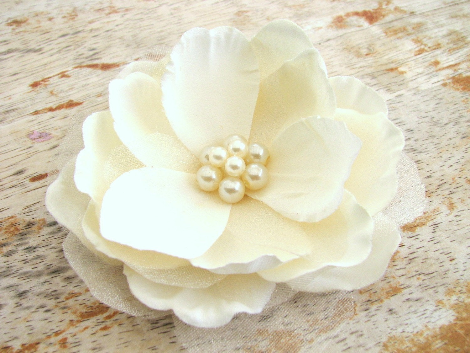 Flower Hair Clip Fascinator Elegant Solid Ivory Magnolia with Large Cluster of Faux Pearls