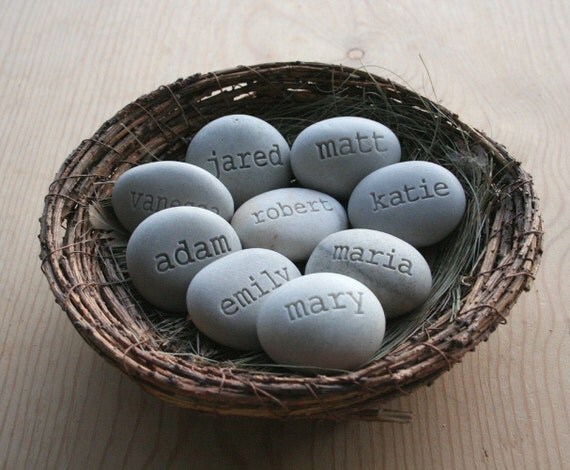 Mom's Nest (c) - Set of 9 engraved name stones in bird nest - family nest by sjEngraving