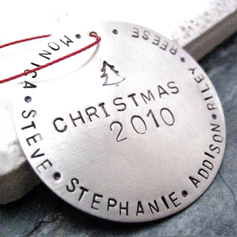 Personalized Silver Christmas Ornament, family names or other wording around the edges, nickel silver, alt customization avail, just ask, free shipping to U.S. and Canada, flat rate elsewhere