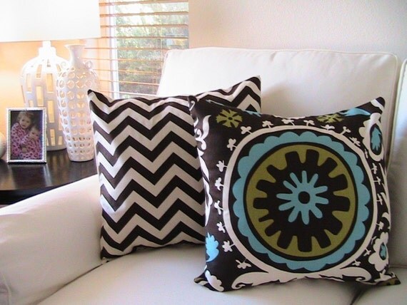 Decorative Designer Pillow Cover-18 inch-Suzani In Chartruese Green And Aqua