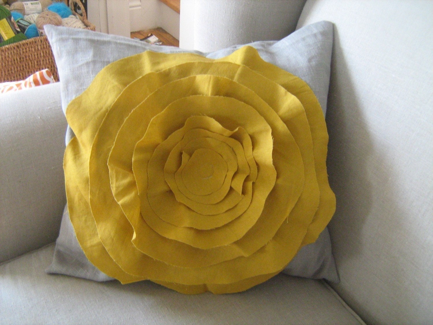 French Rose Pillow Cover  in Grey Linen  and Mustard Yellow