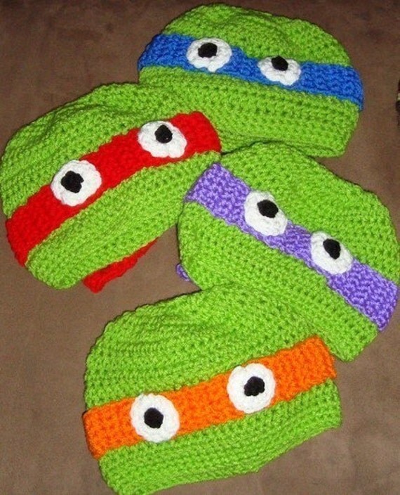Crochet Teenage Mutant Ninja Turtle Hat Custom  6-12m, 18-24m, 2t-3t, 4-6-8, Teen and Adult