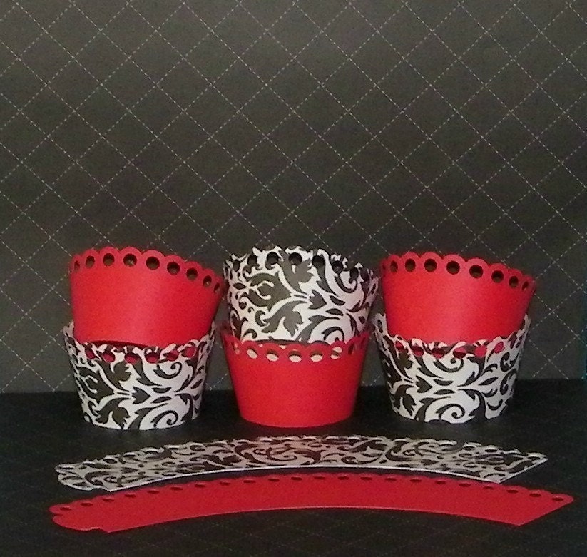 Damask and Red Cupcake Wrappers-Standard and Mini Size Available