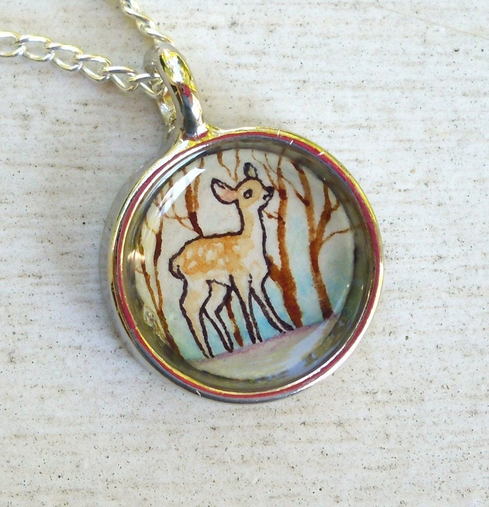 Winter Fawn, hand painted watercolor art necklace