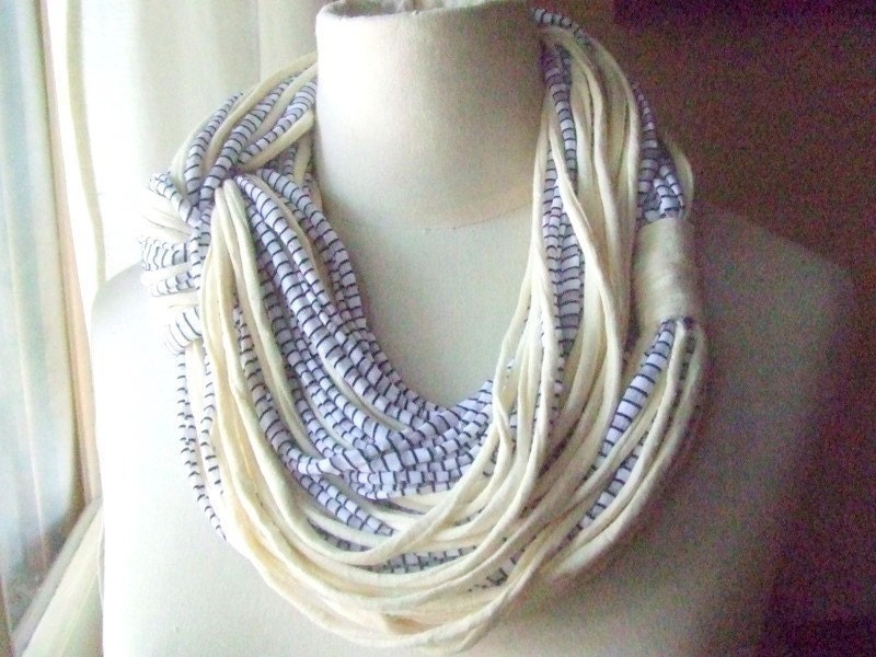 Necklace/scarf, AFRICAN DREAM  -   cotton strips  in ivory and striped white, black and gray colors.