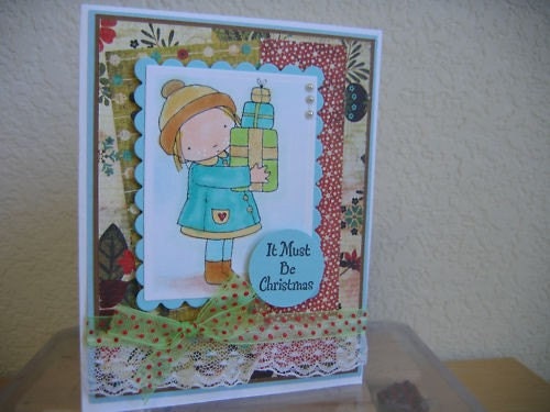 IT MUST BE CHRISTMAS GIRL WITH PRESENTS HANDMADE CARD