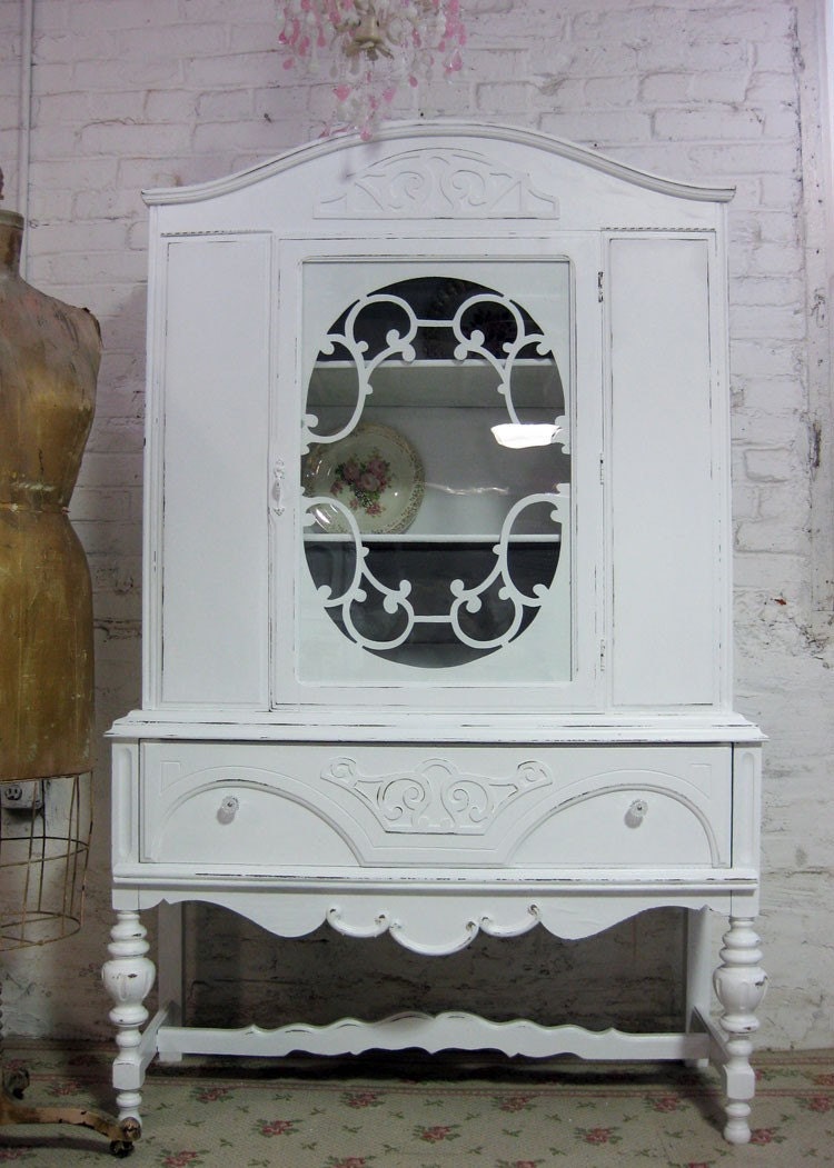 RESERVED FOR  abbyrob1   VIntage Painted Cottage Shabby White Fancy China Cabinet  CC104