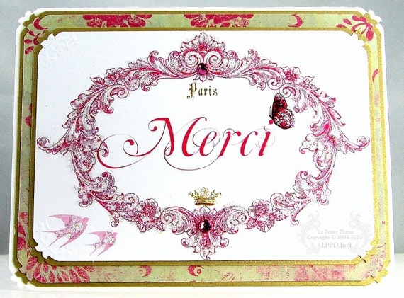 Merci, French Inspired Note Card, Set of Six, Gold Pearl Finished Envelopes Included.