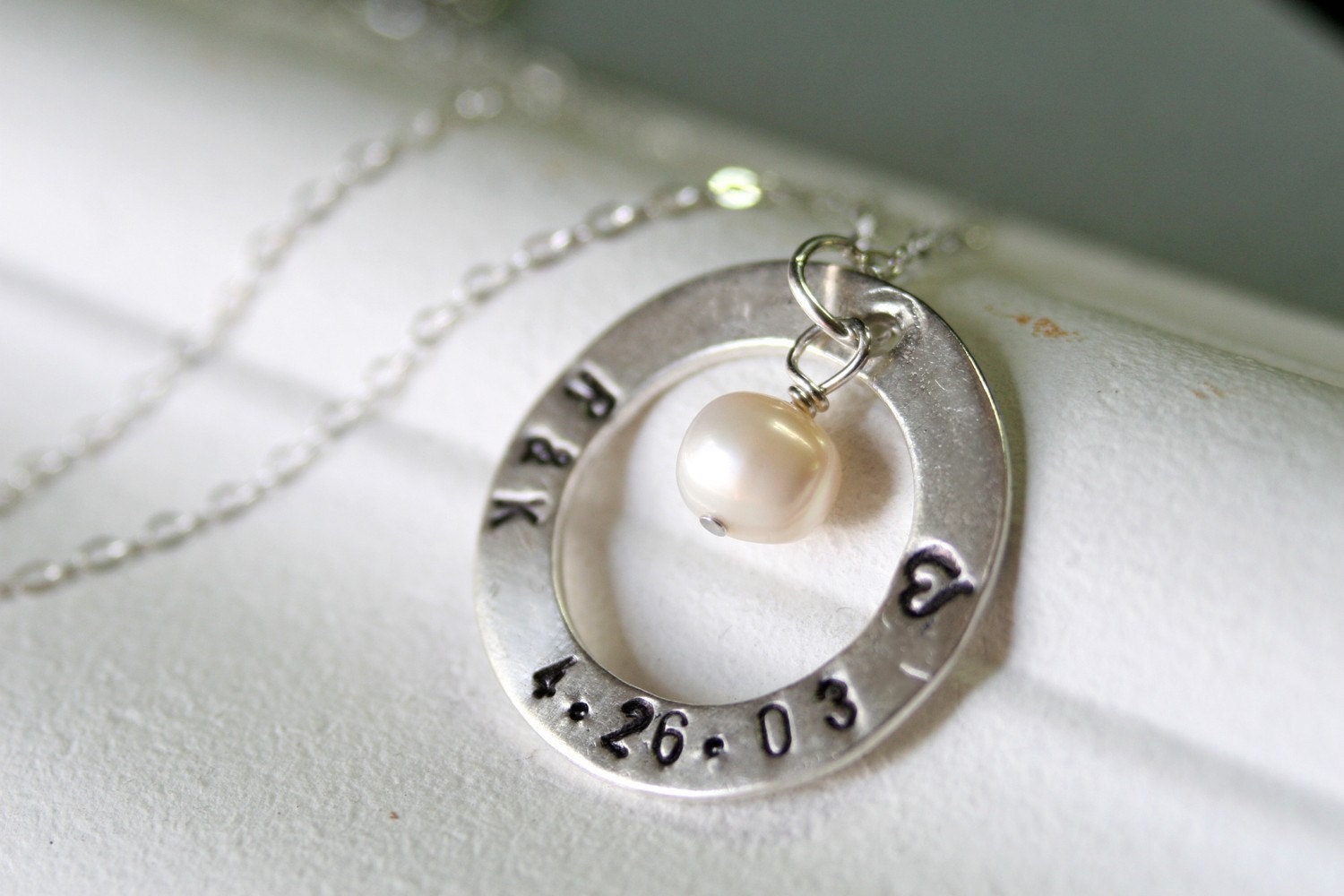 Just Married - Sterling Silver and Freshwater Pearl Personalized Handstamped Necklace