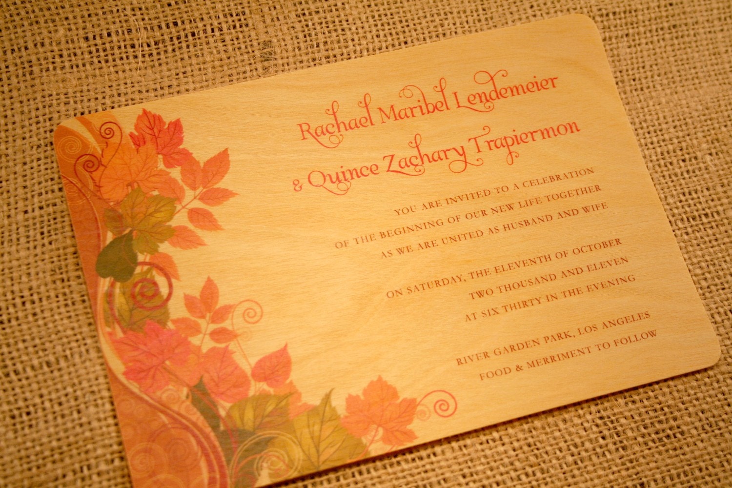 Real Wood Wedding Invitations - Fall Leaves Swirl