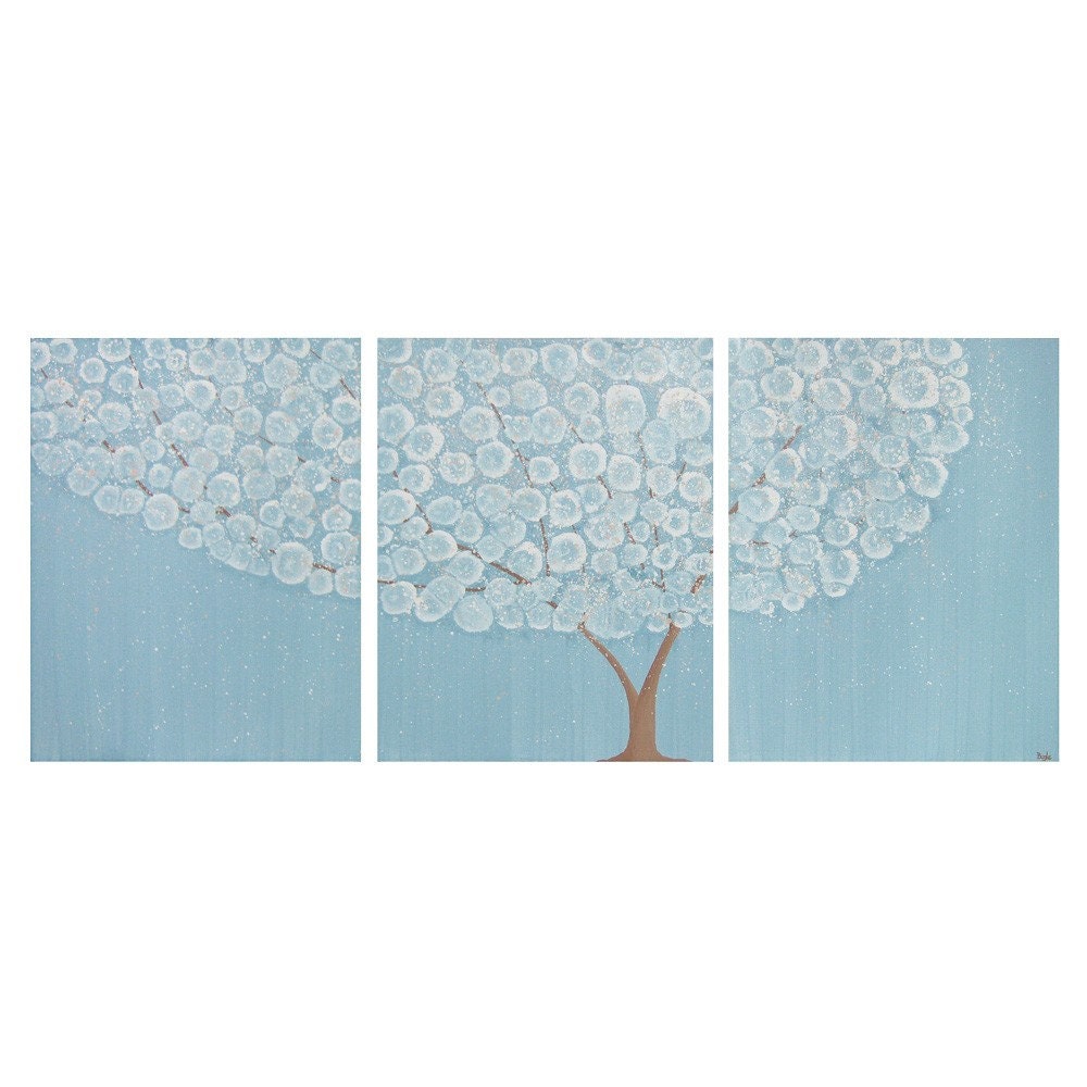 Original Painting - 50X20 Acrylic Triptych - Powder Blue Flowering Tree