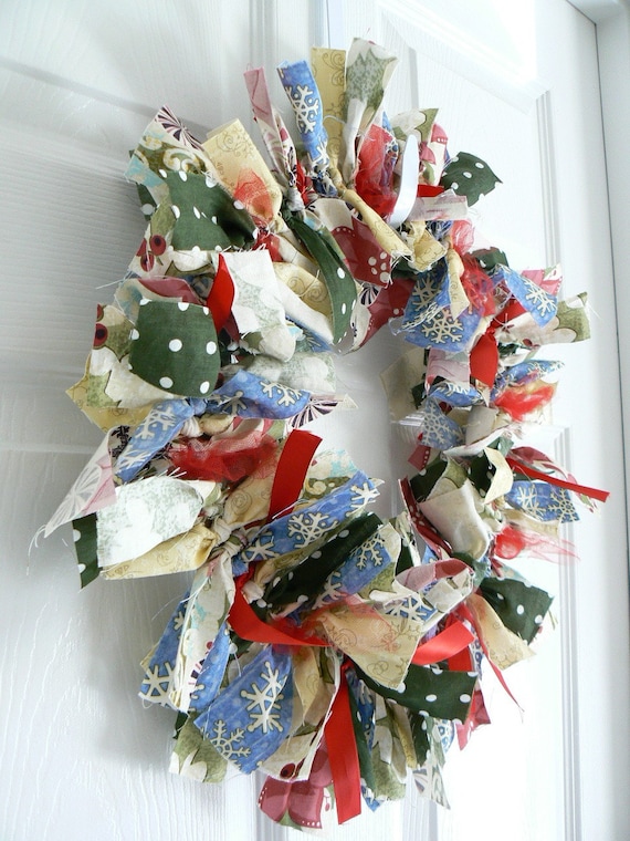 Christmas Fabric Rag Wreath - 12 inches