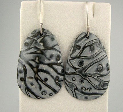 Polymer Clay Earrings, Silver, Charcoal, White, Silver Leaf