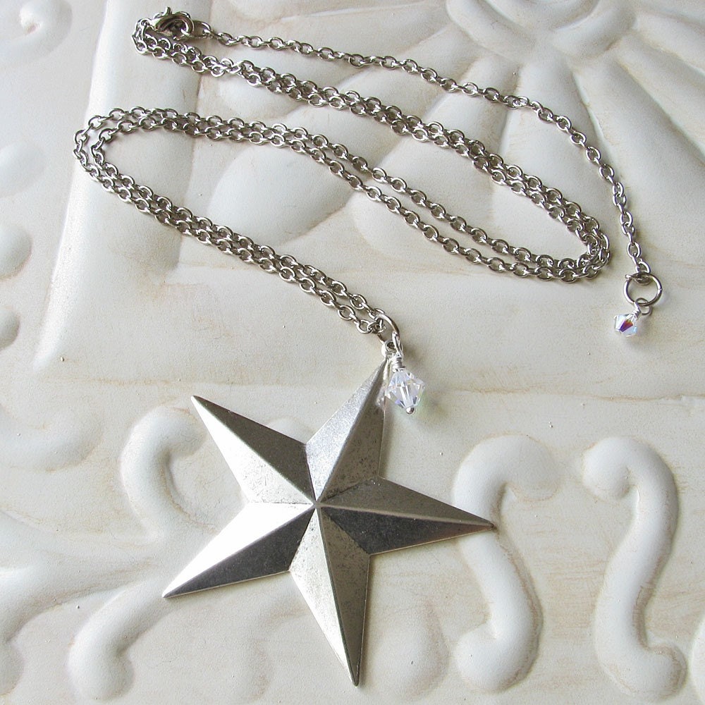 Rustic Star Pendant Long Necklace with Antiqued Silver Chain - 22 inch with extender
