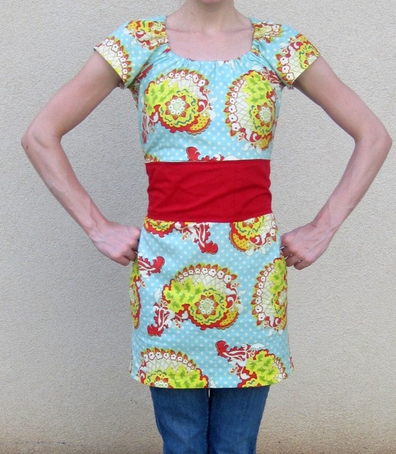ON SALE tunic paisley bright retro red belted asain inspired retro XS S M L
