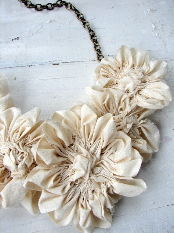 Necklace.  Natural Cotton Flower Bib Statement Jewelry, Fabric Flower Necklace by AutumnArt on Etsy
