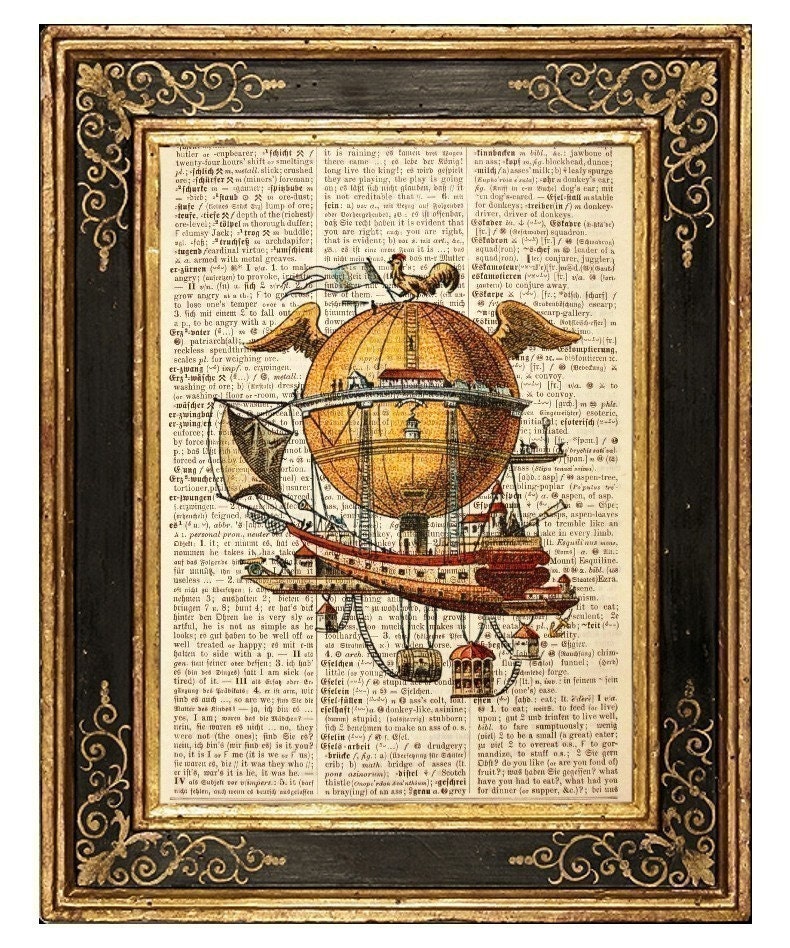 Vintage Hot Air Balloon Flying Ship illustration is printed on a page of 
