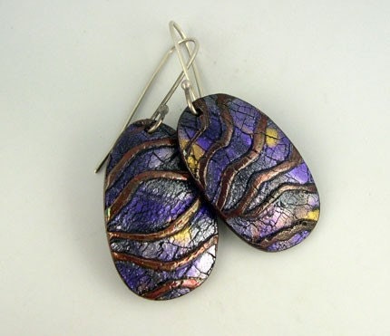 Polymer Clay and Copper Earrings, Purple, Black Gold, Patina, Texture - BAO IOTW
