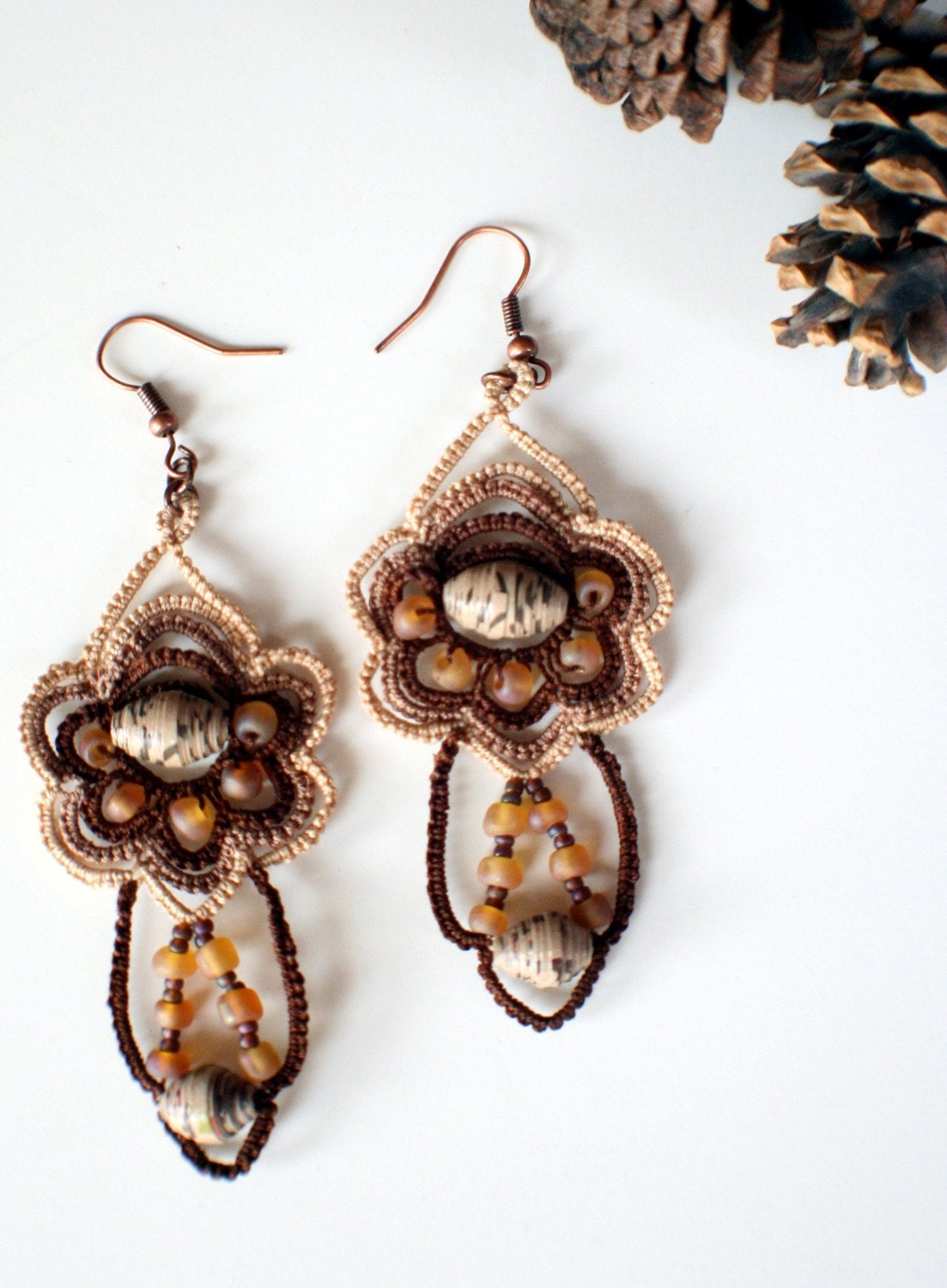 Woodsy Pair of Tatted Earrings