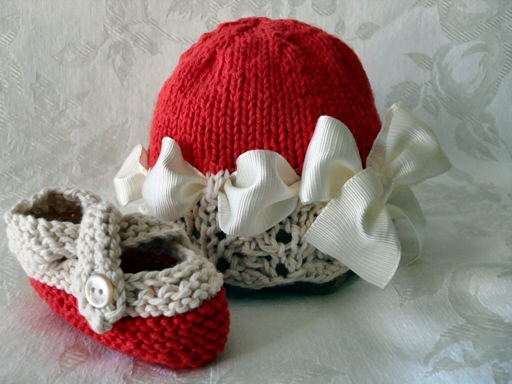 VALENTINE'S DAY Hand Knitted Cotton Cloche in Red and Ivory Lace with Grosgrain Ribbon and Matching Cross-strapped Booties