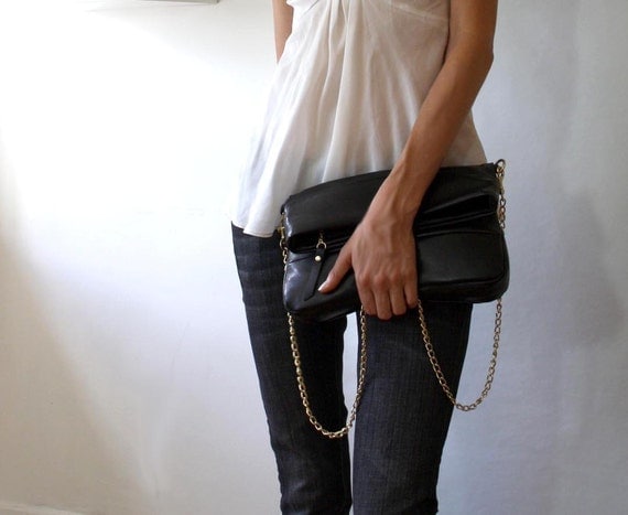 OPELLE Fold-Over Clutch Bag - Deep Black Lambskin w Gilt Chain - Made to Order