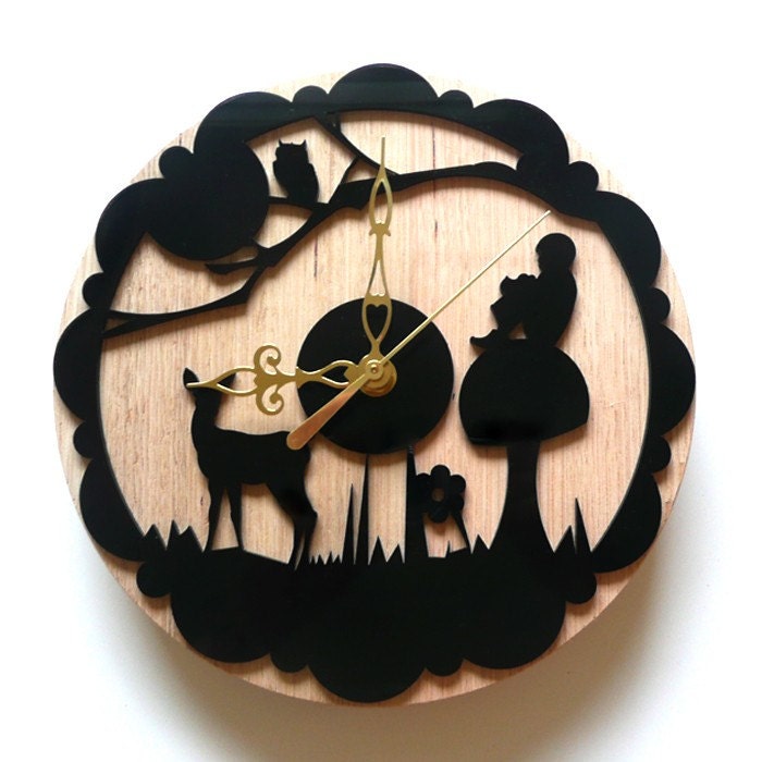 laser cut wall clock. enchanted forest.whimsical,wood, by snowfawn on etsy