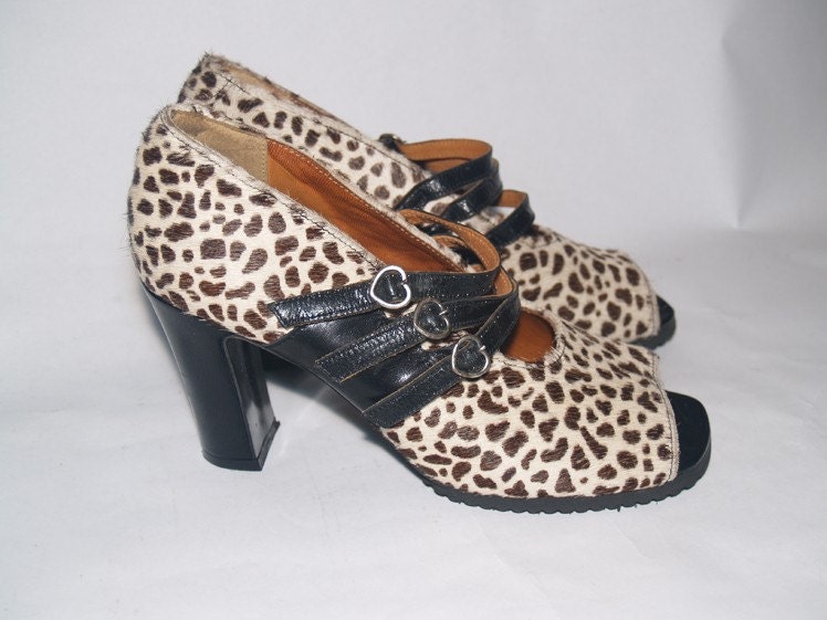 40s Style Peep Toe Leopard Print Platform Heel Mary Jane Pumps Size 9