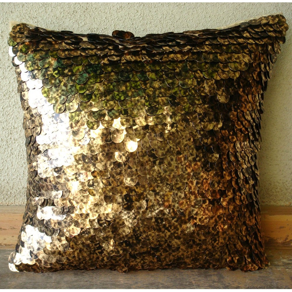 Exotic Gold N Black Scales - Throw Pillow Covers - 16x16 Inches Silk Pillow Cover Embellished with Shaded Sequins