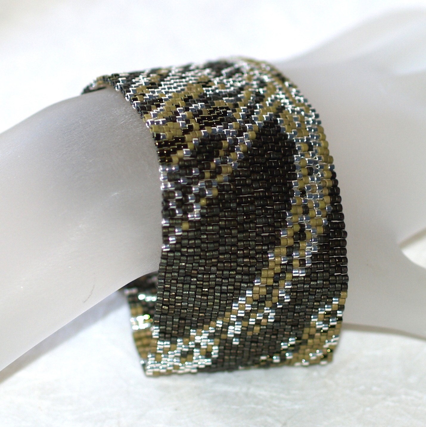 Fabric in Olive and Silver - Peyote Bracelet / Cuff (3302)