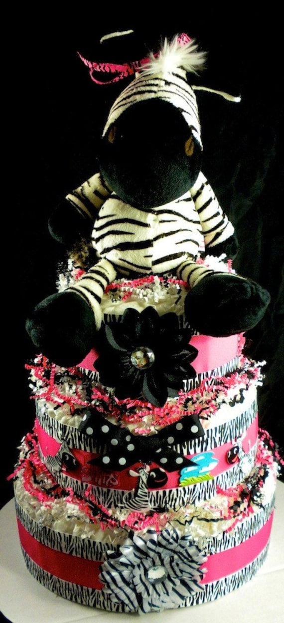 pink and white zebra cake. 3 tier Girl Zebra Diaper Cake