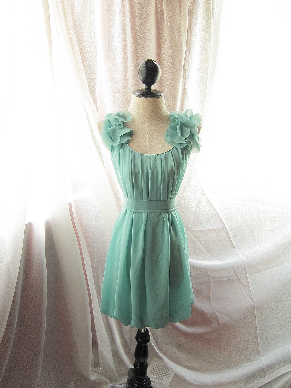 Minty Green Soft Misty Nostalgia Dreamy Romantic Havisham Mille Feuille Petal Chiffon Bubble Hem Dress