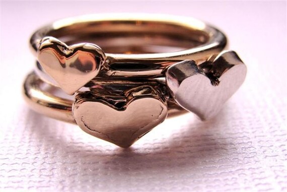 Sterling Silver 14kt Gold Heart Rings Stackable 3