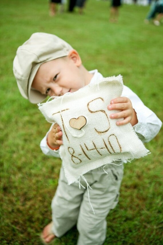 Ring Bearer Pillow Personalized With Initials Burlap Rustic Woodland Countryside Outdoor Summer to Fall CHIC