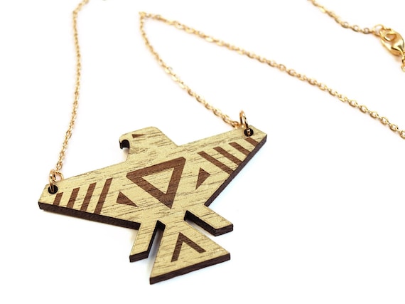 T-BIRD - Laser cut, walnut, thunderbird necklace, gold