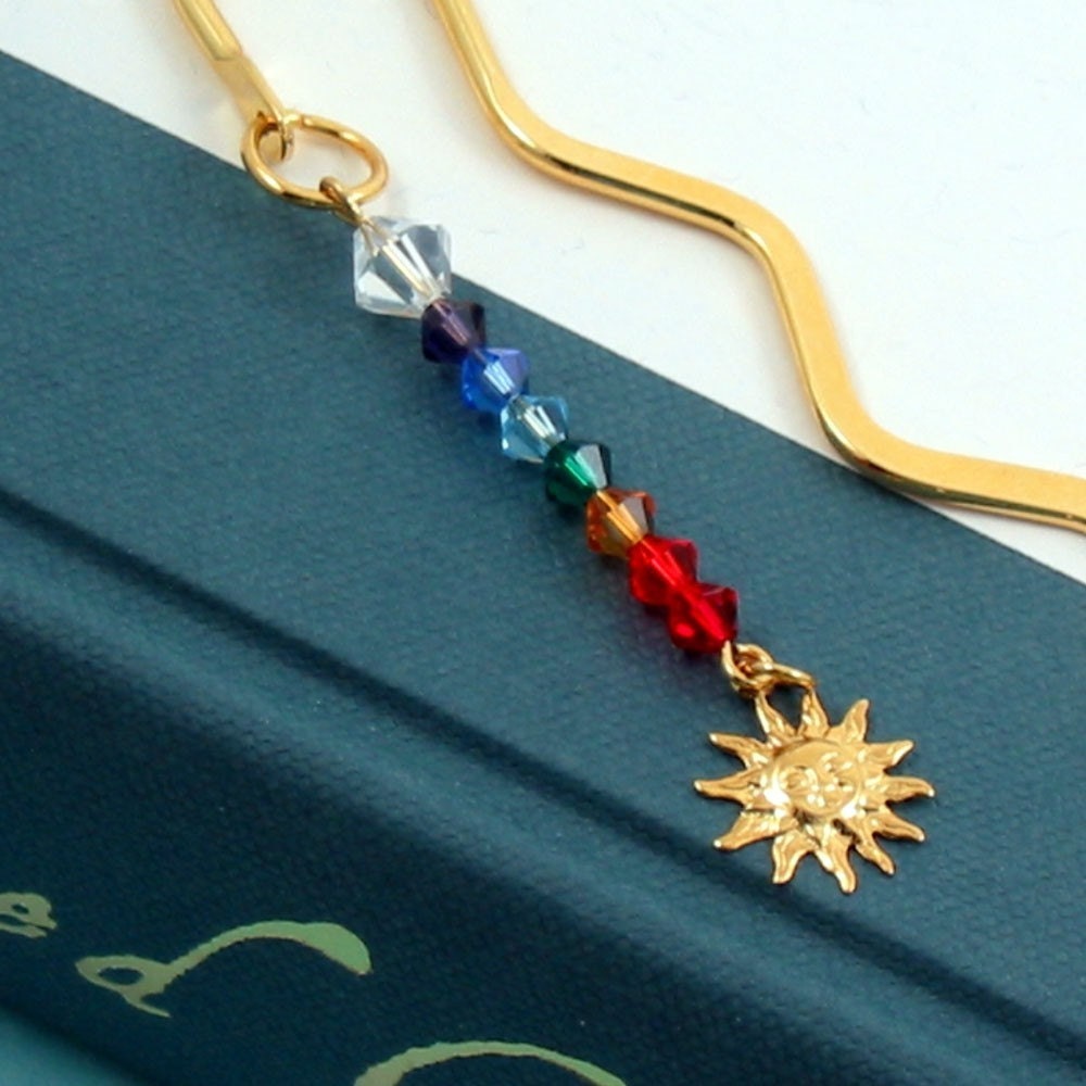 Rainbow Crystal Chakra Bookmark w Sun Charm Gold Plated - Energy and Enlightenment