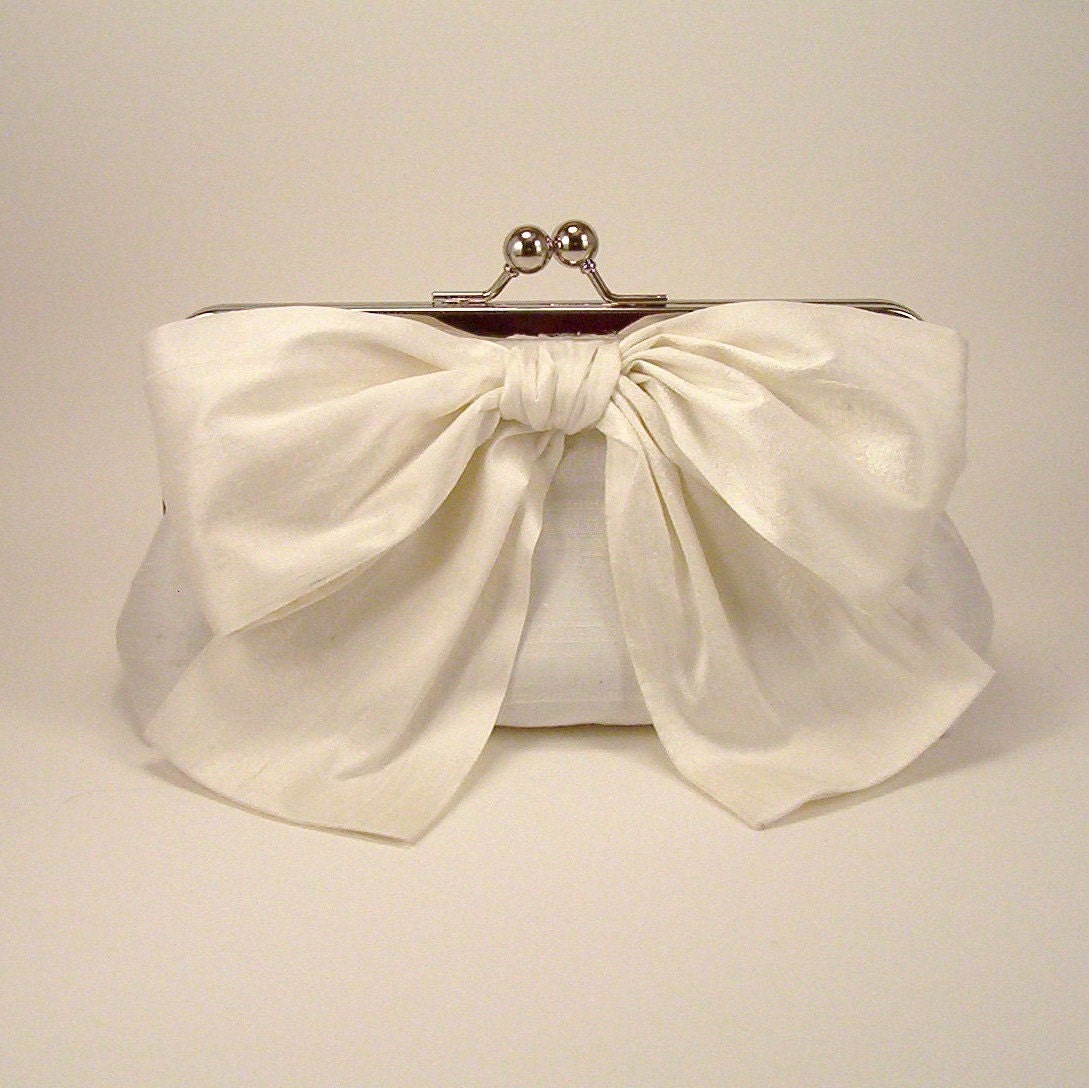 Luxury Big Bow Bridal Clutch in Ivory Silk - Lined in Powder Blue