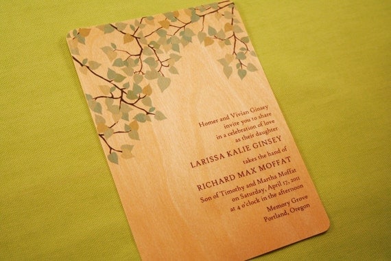 Real Wood Wedding Invitations - Spring Green Leaves