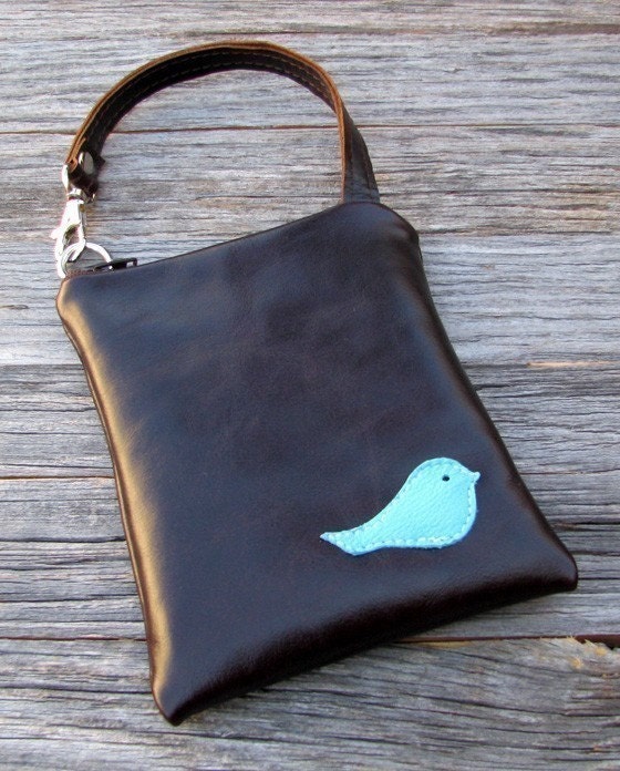 Leather iPhone or Gadget Case Wristlet - Blue Bird on Dark Chocolate