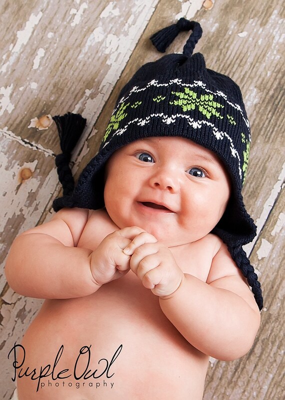 Knit Baby Hat in Vegan Cotton with Earflaps and Navy Blue Green White Nordic Snowflake Photo by Purple Owl Photography