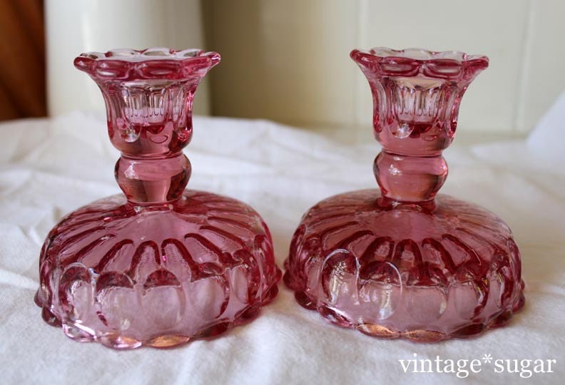 Vintage Style Shabby Chic Pink Glass Candle Holders