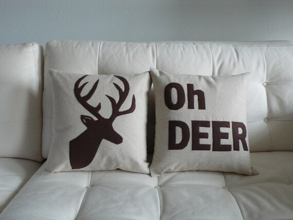 OH DEER and Deer Head Silhouette PAIR of pillows / cushions -- 14in (36cm) sq
