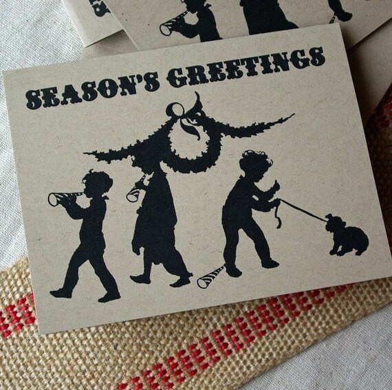 Holiday Card Set Season's Greeting Children Recycled Kraft Paper (6)