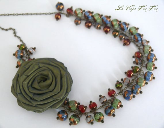 SALE Delicate Olive Rose Necklace /Cluster Statement Necklace