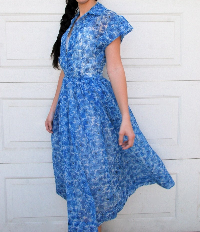 Vintage 1950s BLUE DREAM Floral Day Dress M