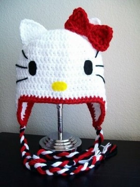 Crochet HELLO KITTY HAT with Ear Flaps Braids and Red Bow Adult Teen Size