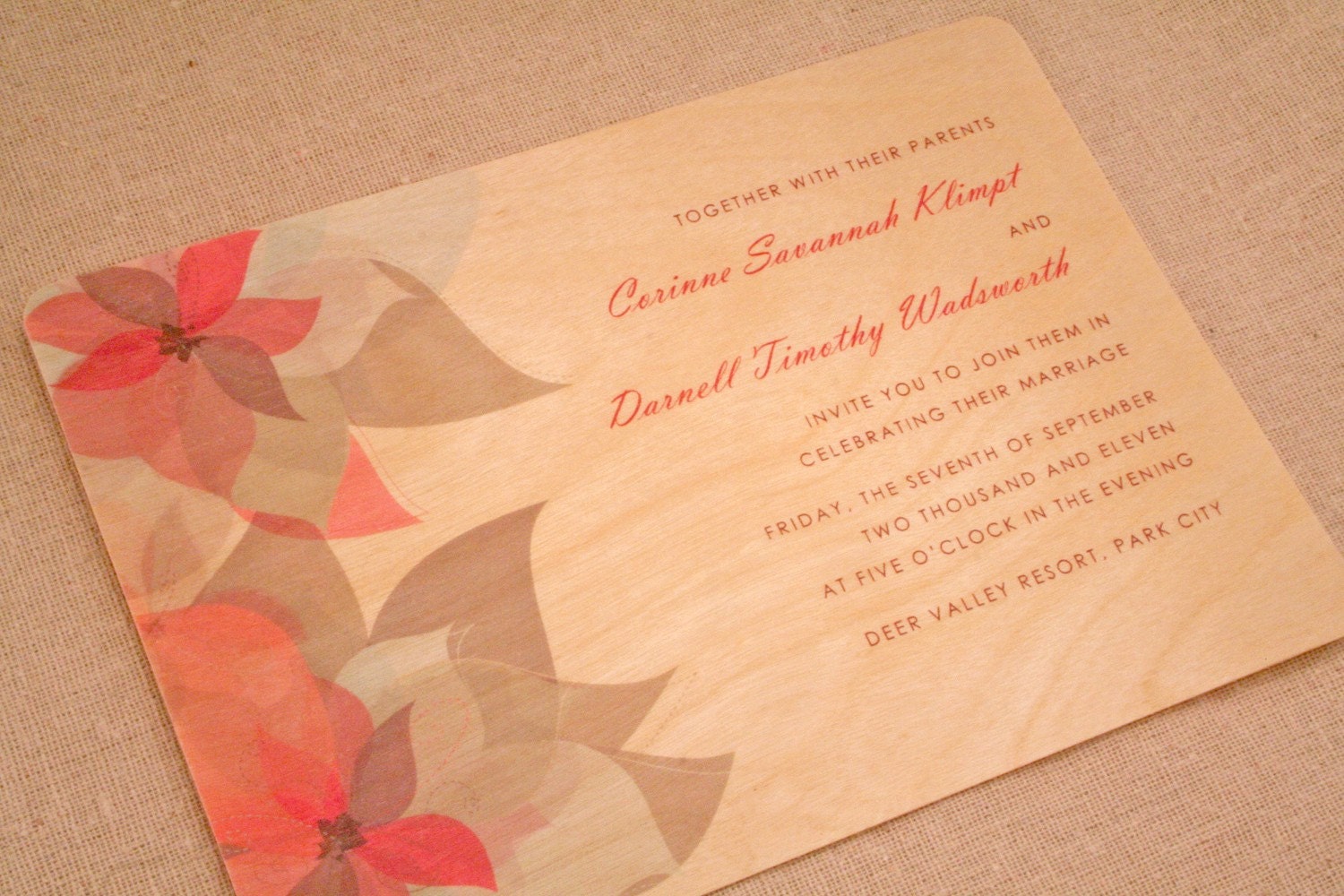 Real Wood Wedding Invitation - Modern Flowers Translucent