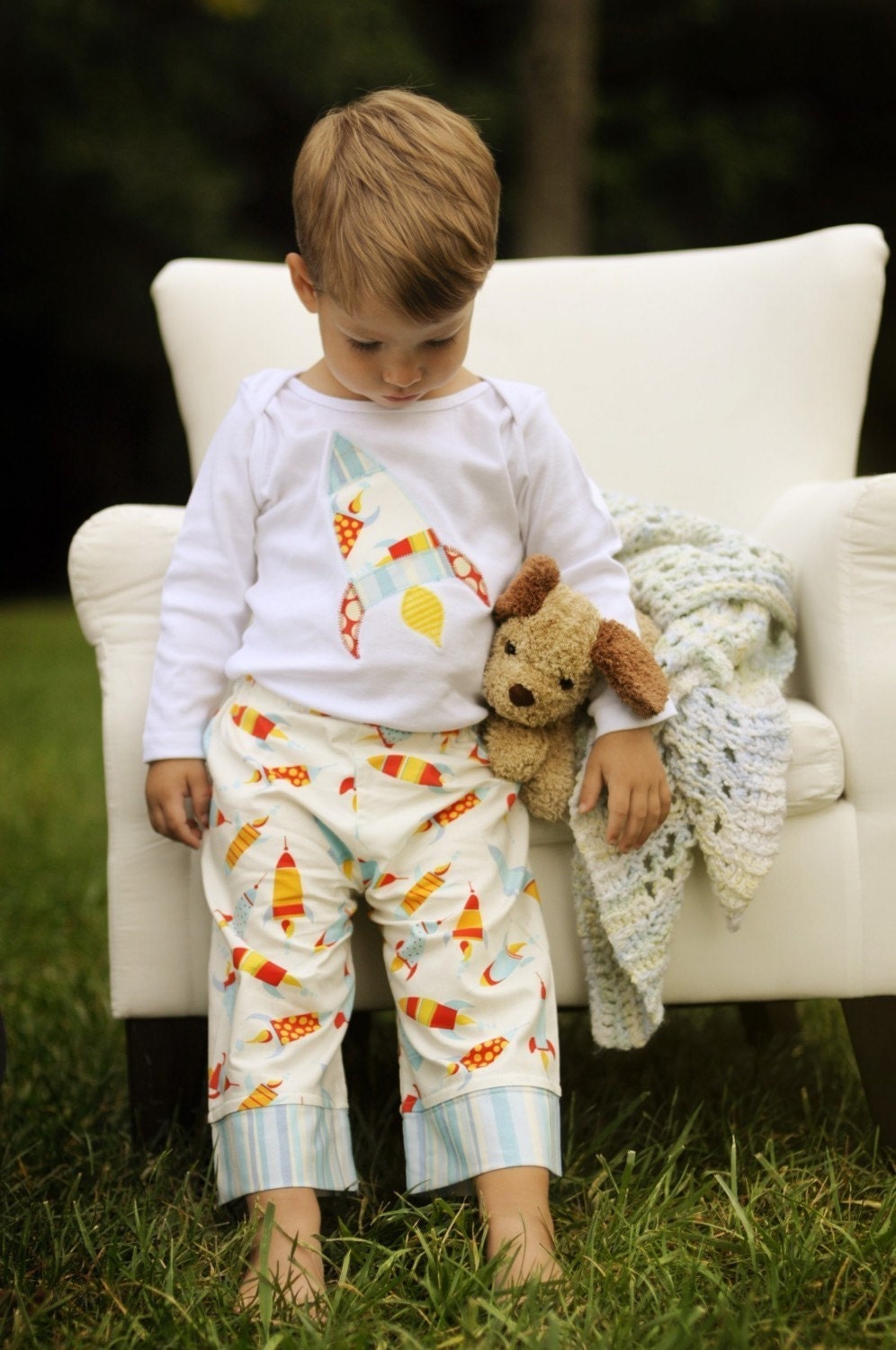 Custom Appliqued Rocket Lounge Set for Little Boys with Pants and Appliqued Tee by Olive and Ollie